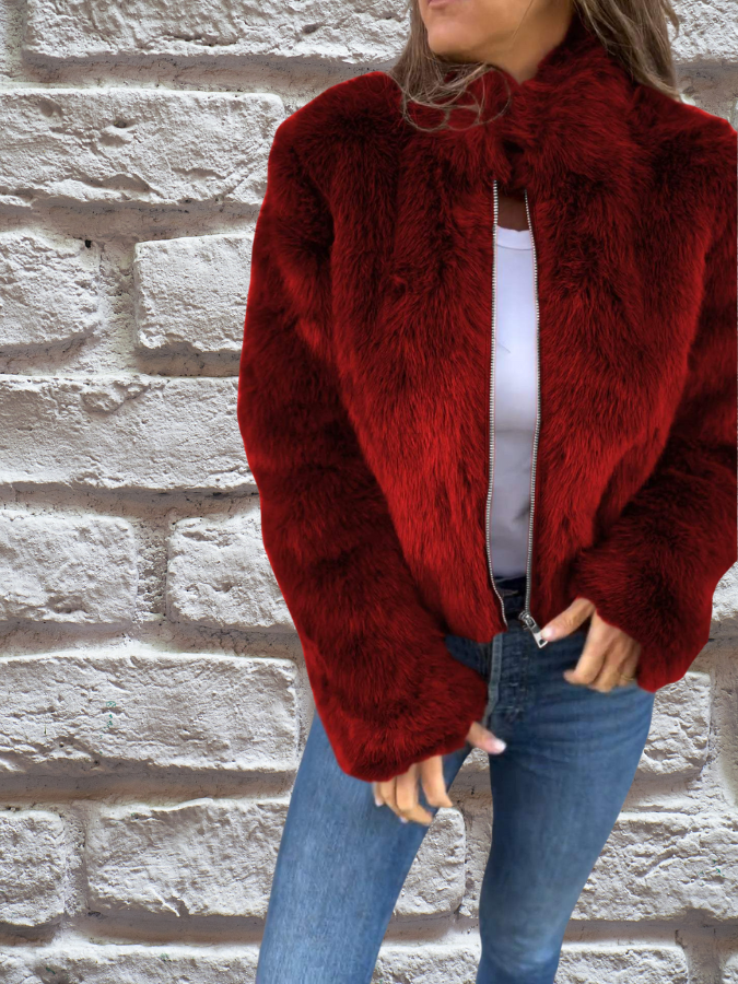 Cozy Aurora plush winter coat for women, elegant full-zip outerwear, high collar for ultimate warmth.