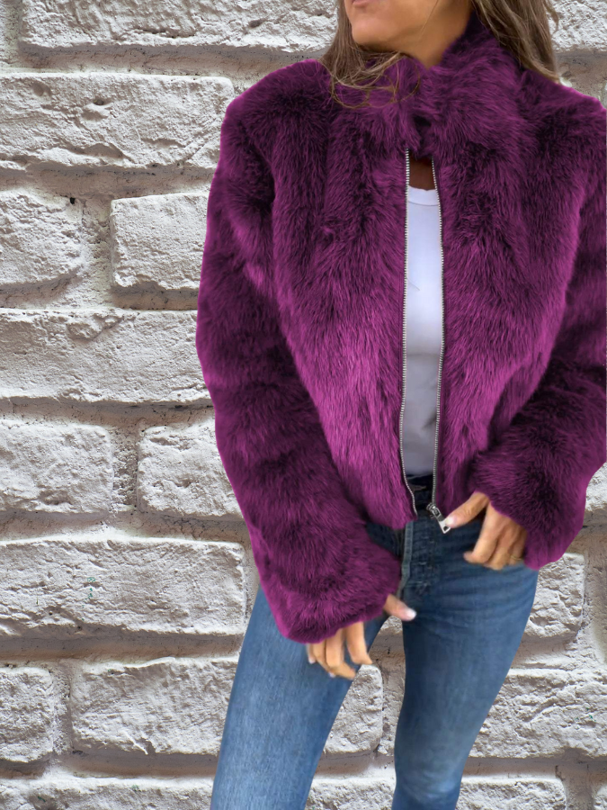 Women's Aurora full-zip plush winter coat, high collar, elegant & warm everyday outerwear.