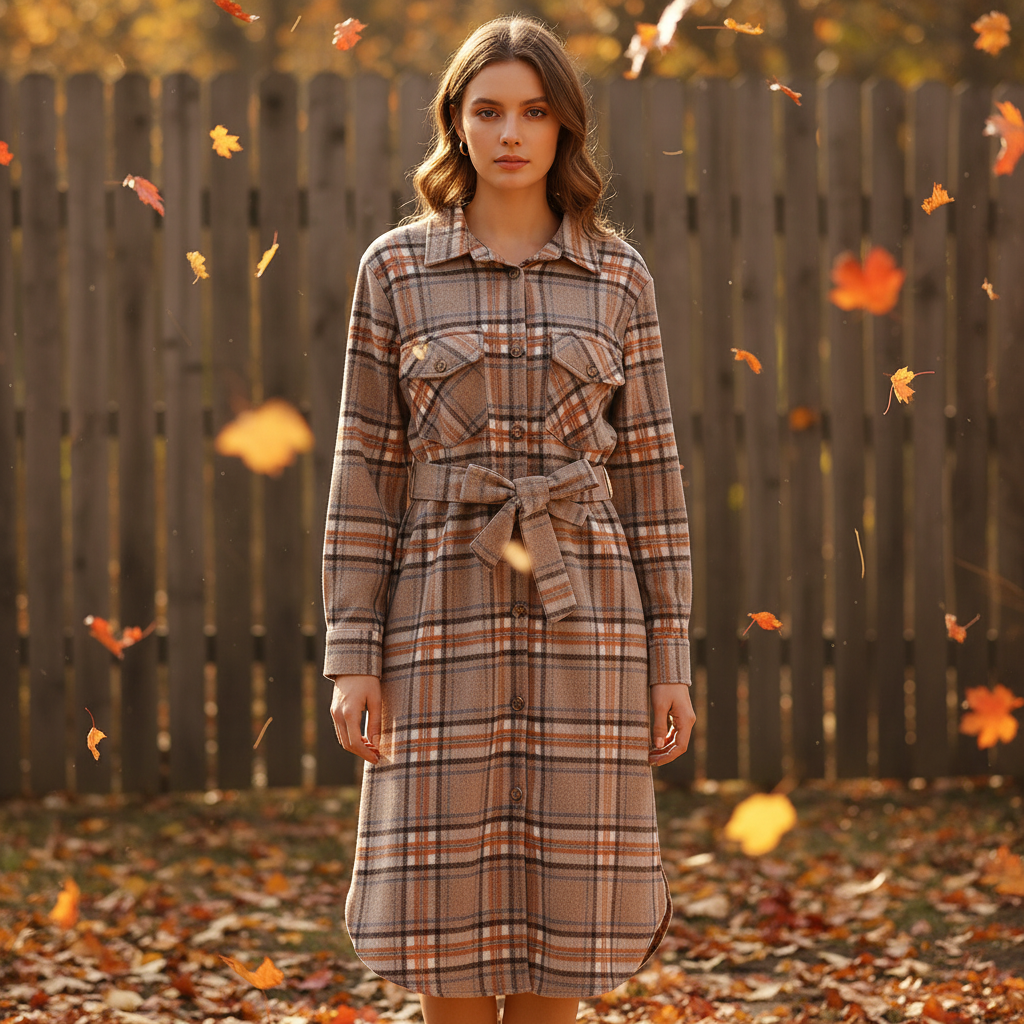 Women's autumn plaid midi dress with long sleeves and belt in earth tones, Angelina style.