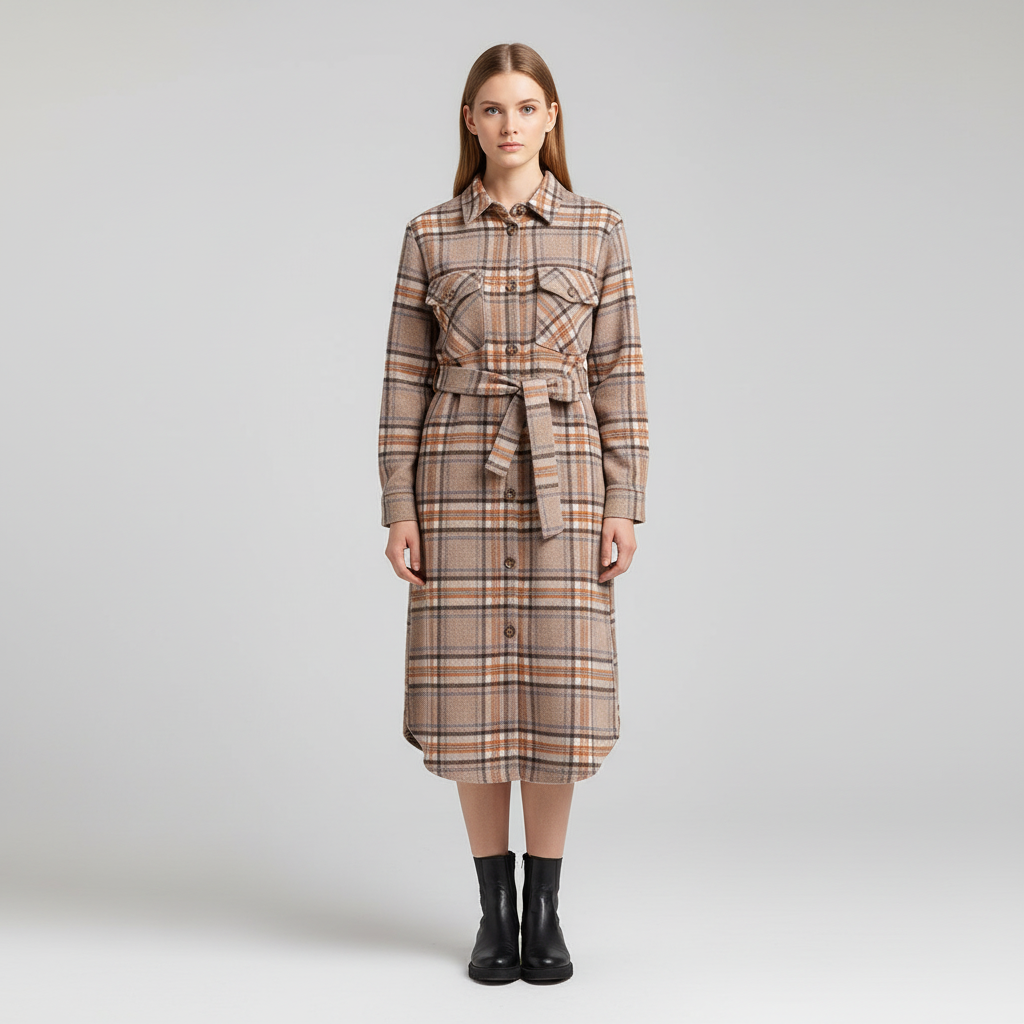 Casual women's long-sleeve midi dress featuring a classic plaid pattern, perfect for autumn fashion.