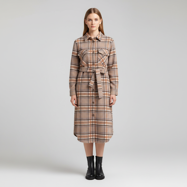 Casual women's long-sleeve midi dress featuring a classic plaid pattern, perfect for autumn fashion.