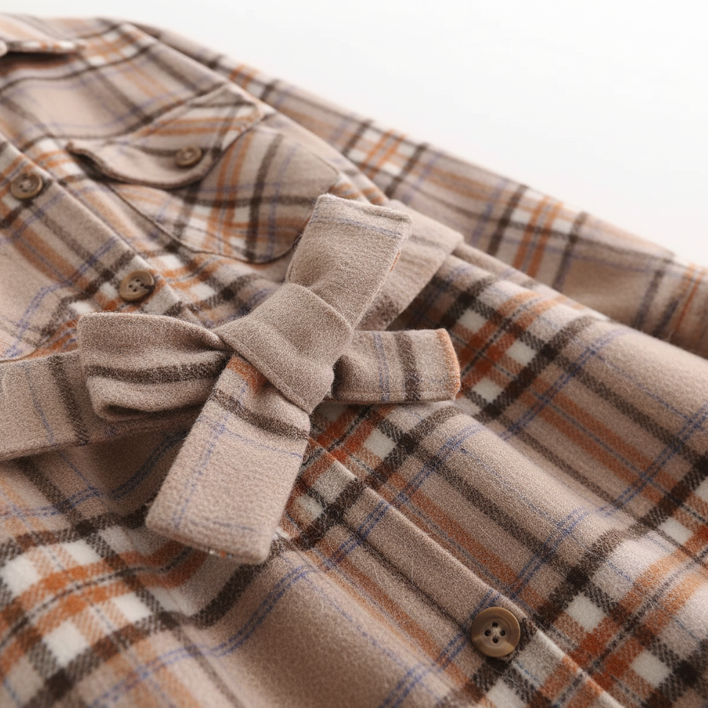 Comfortable belted plaid midi dress for women, ideal for fall wear with its warm earth tones.