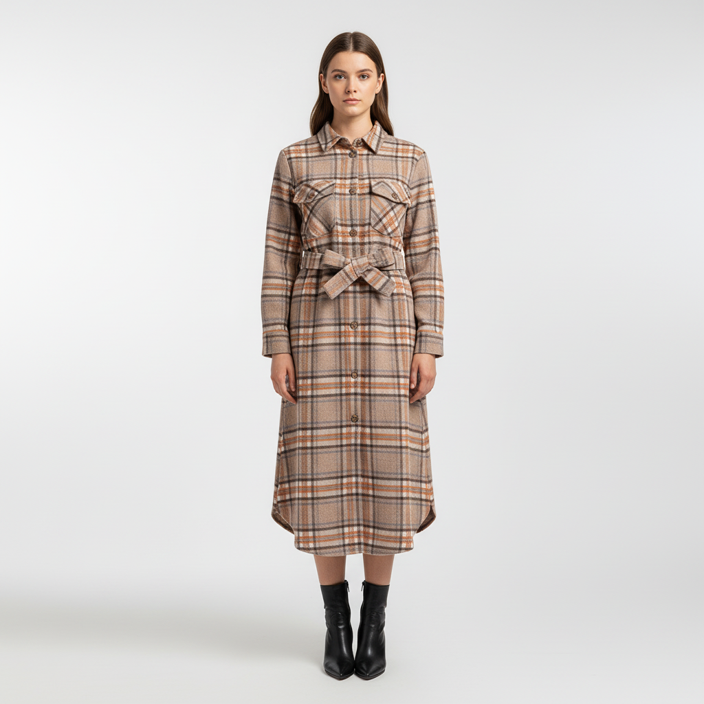 Angelina long-sleeve midi dress: women's autumn fashion plaid design, versatile and stylish.