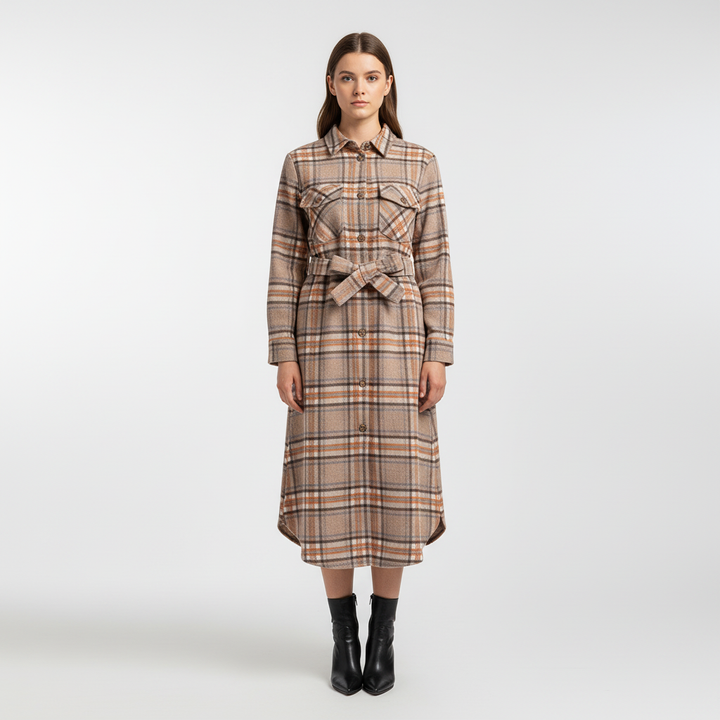 Angelina long-sleeve midi dress: women's autumn fashion plaid design, versatile and stylish.