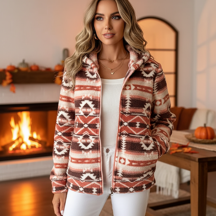 Women's Aztec print teddy fleece vest, Elena model, for cozy boho winter and autumn fashion