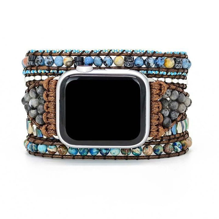 Women's Azure gemstone Apple Watch strap, featuring natural jasper & labradorite beads for serene style.