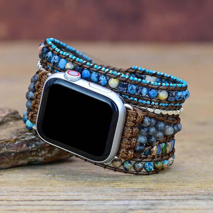 Azure jasper & labradorite gemstone Apple Watch strap for women. Natural crystal healing accessory, serene look.