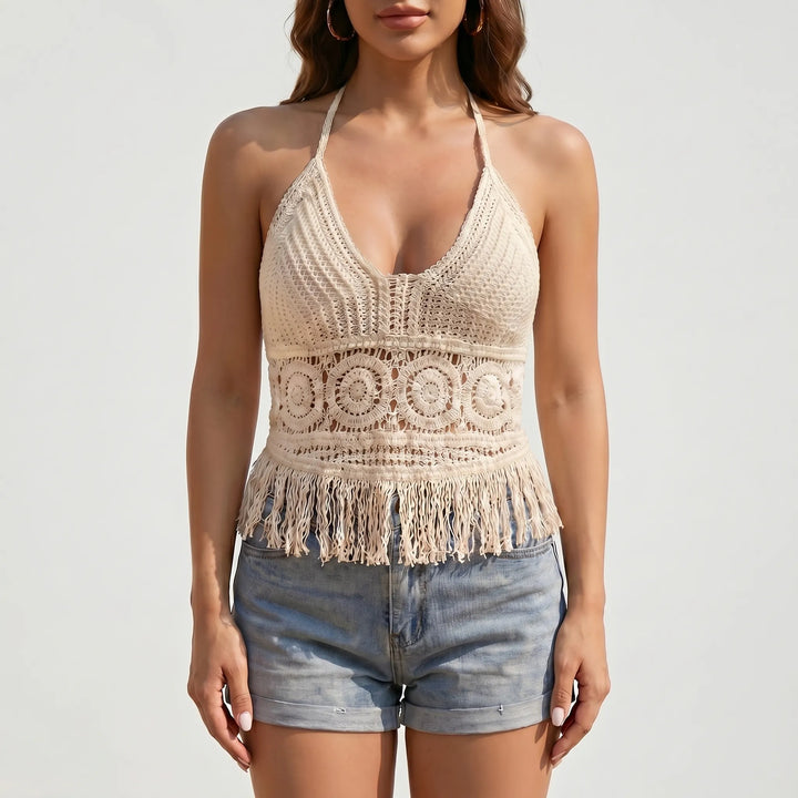 Women's backless crochet halter top with fringed hem, perfect boho style for summer, beach, or festival.