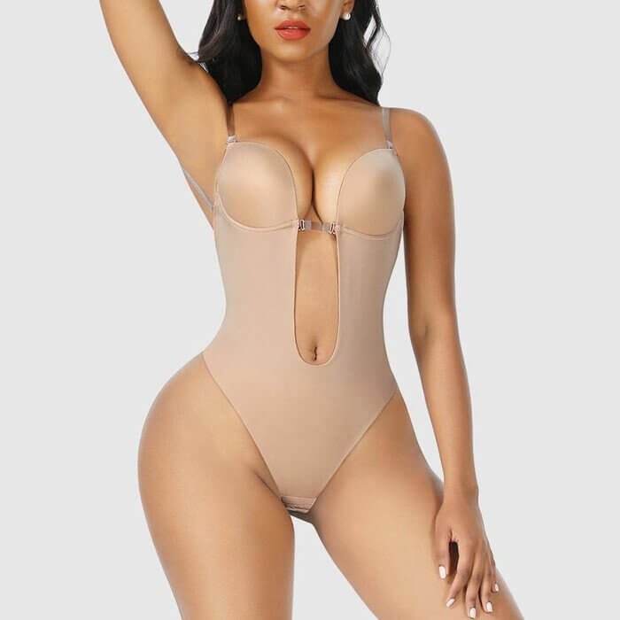 Women's backless deep plunge body shaper for seamless, invisible support & sculpting.