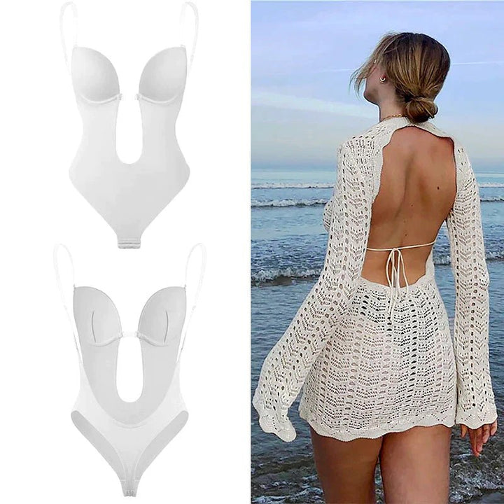 Seamless women's backless body shaper with deep plunge, offering sculpting & a smooth silhouette.