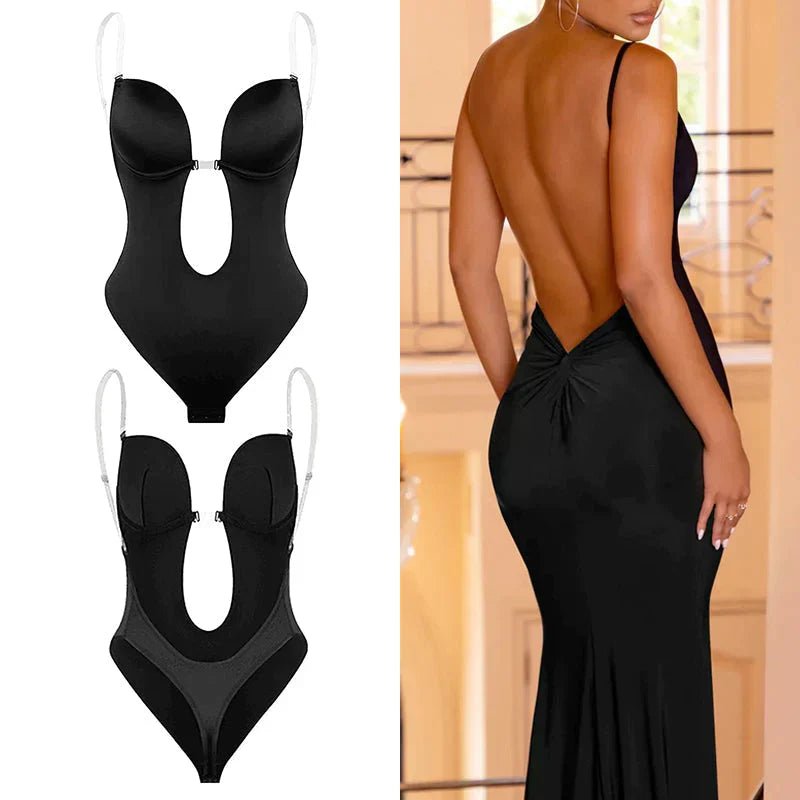 Invisible backless deep plunge shapewear for women, providing discreet full body sculpting foundation.