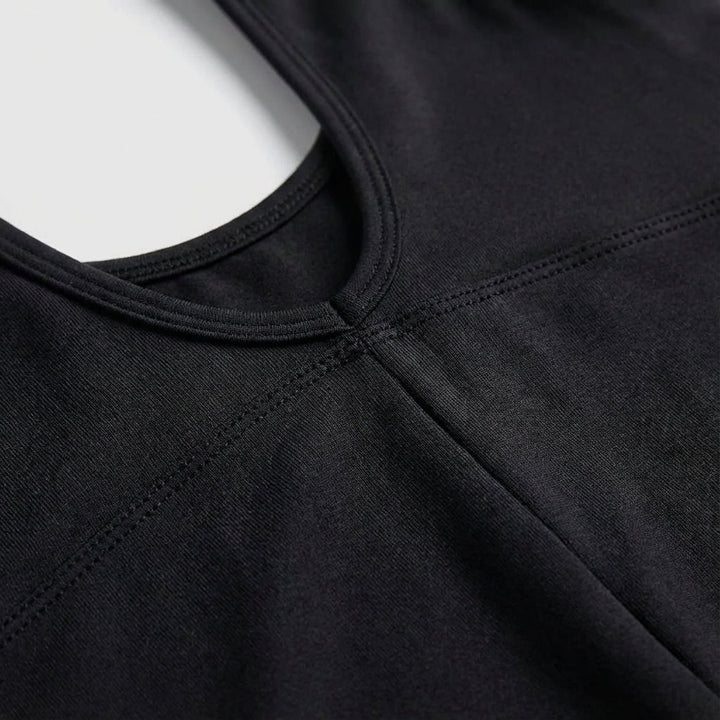 Sleek women's backless bodysuit in black, ideal for gym, Pilates, and active lifestyles.