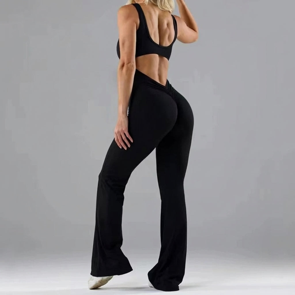 Form-fitting women's Nadia backless fitness bodysuit, designed for comfort during workouts.