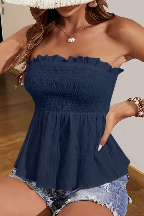 Sunny women's strapless tube top, a backless bandeau with a stylish flared hem for warm summer fashion.