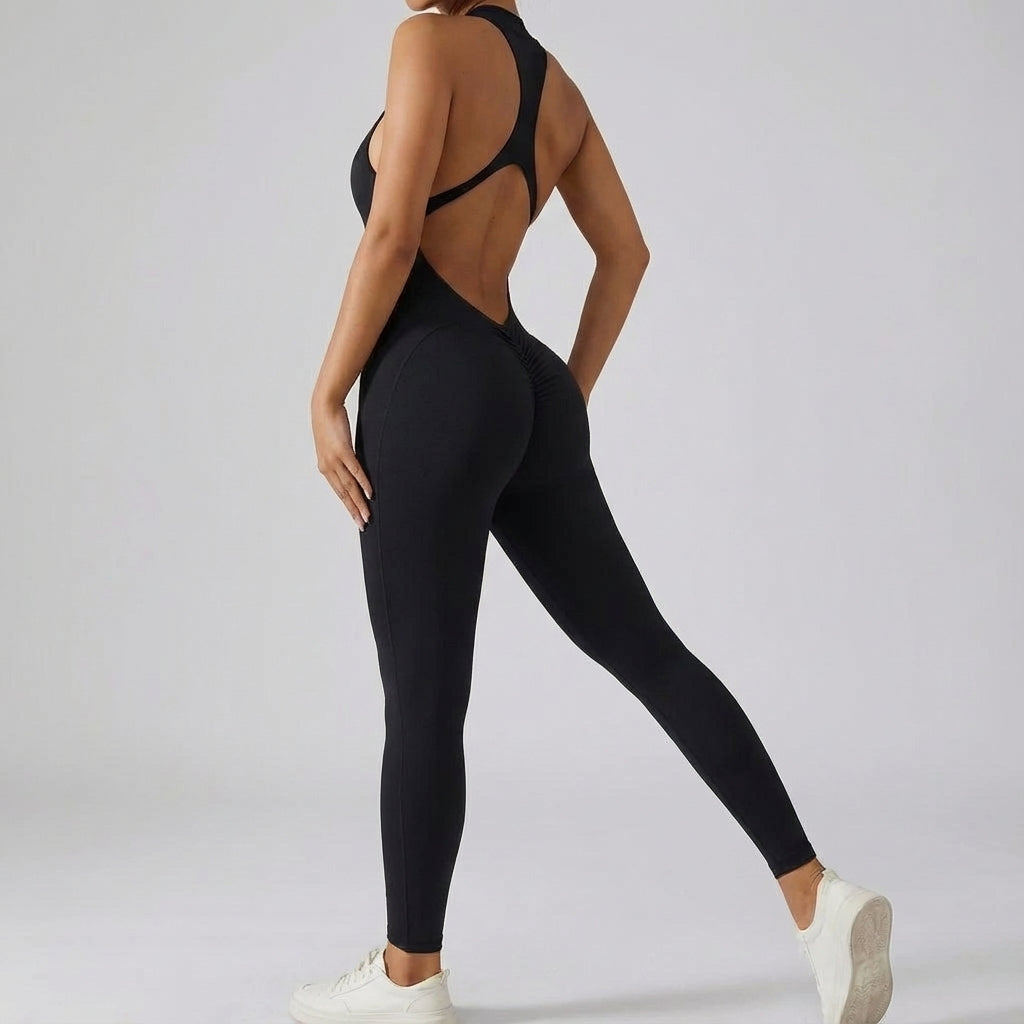 Black backless workout jumpsuit, scrunch butt, sleeveless, designed for active women