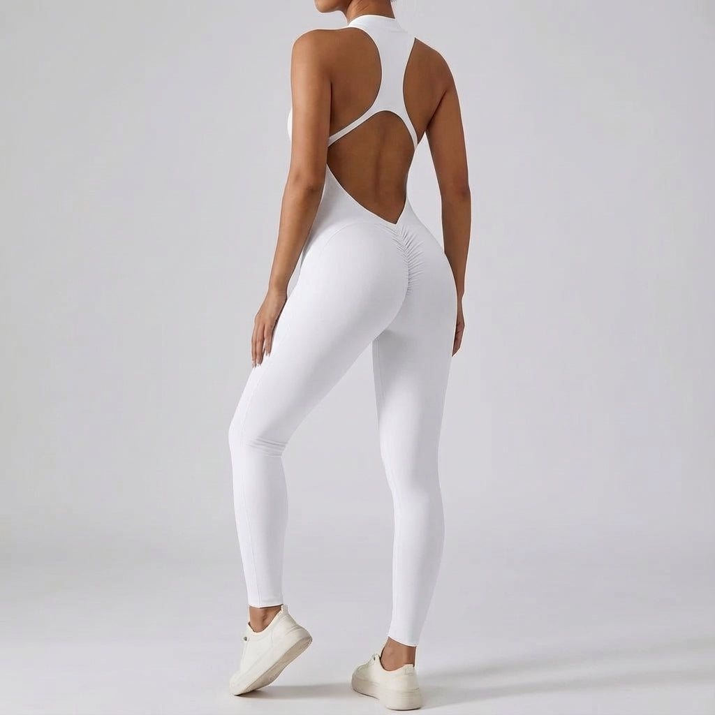 Lillian women's backless training jumpsuit, scrunch butt, stretch fabric, active wear