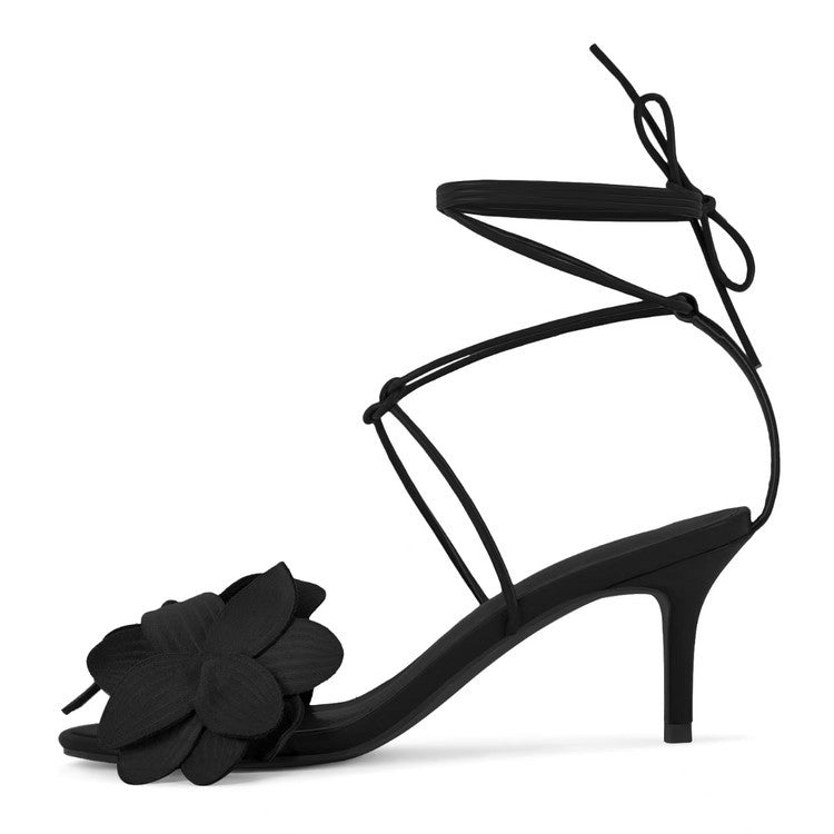 Elegant Beatrice floral kitten heel sandals. Womens open toe dress shoes with graceful ankle ties.