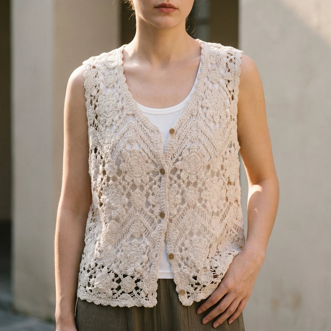 Women's beige boho knit tank top, lightweight sleeveless vest with open knit design, perfect for summer layering.