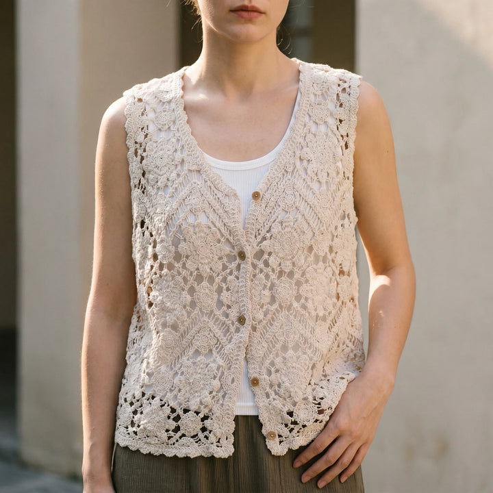 Women's beige boho knit tank top, lightweight sleeveless vest with open knit design, perfect for summer layering.