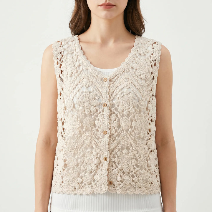 Bohemian V-neck knit tank top for women, a stylish sleeveless layering vest in beige, ideal for casual summer outfits.
