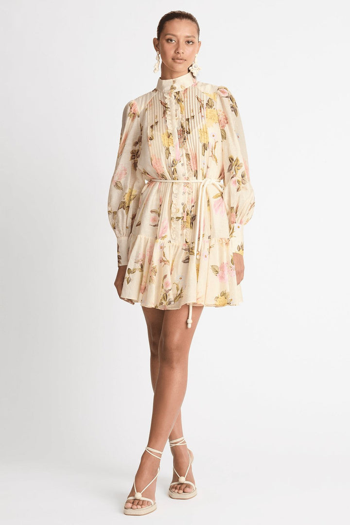 Women's beige floral mini shirt dress with delicate lace trim, perfect for summer casual chic.