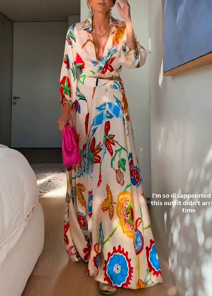 Women's boho chic beige floral print tie front shirt and long maxi skirt set for a relaxed summer look.