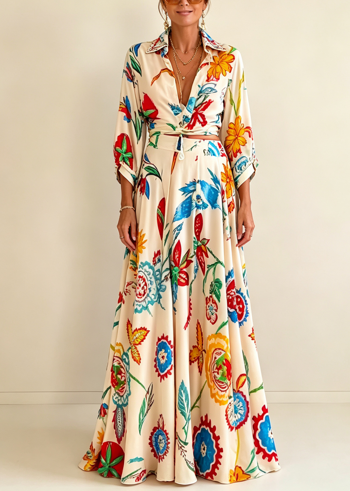 Beige floral print women's matching set with a tie front short sleeve shirt & a long flowy maxi skirt.