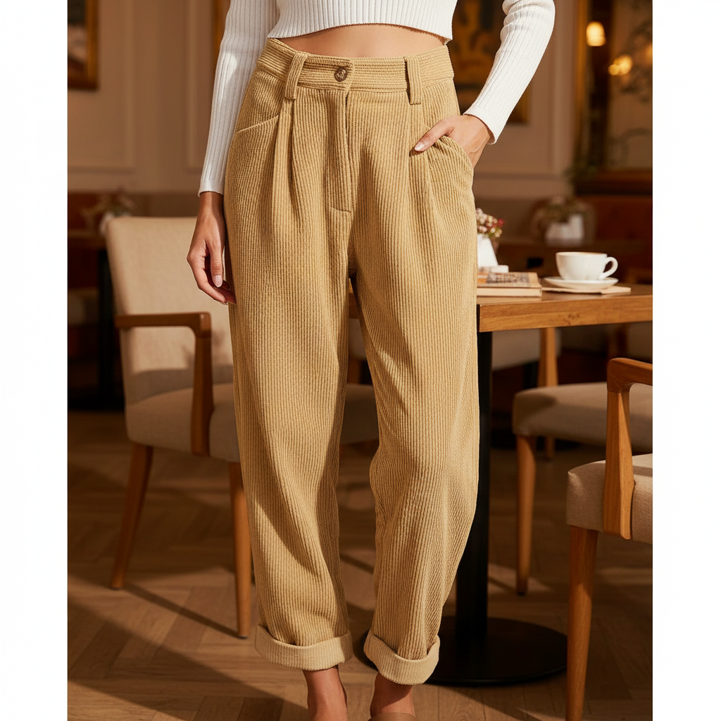 Women's beige high-waisted corduroy straight leg trousers, perfect for autumn casual wear.