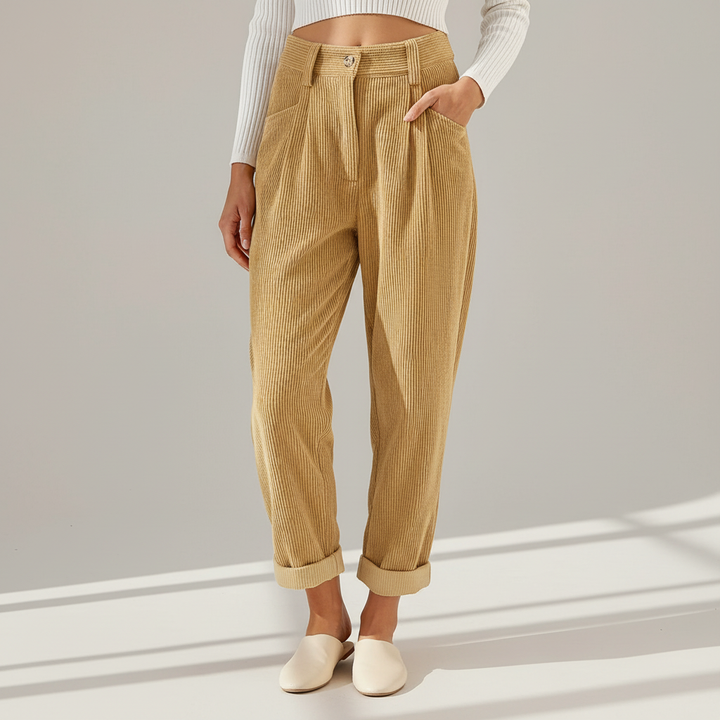 Beige corduroy pants for women, featuring a comfortable high waist and straight leg fit.