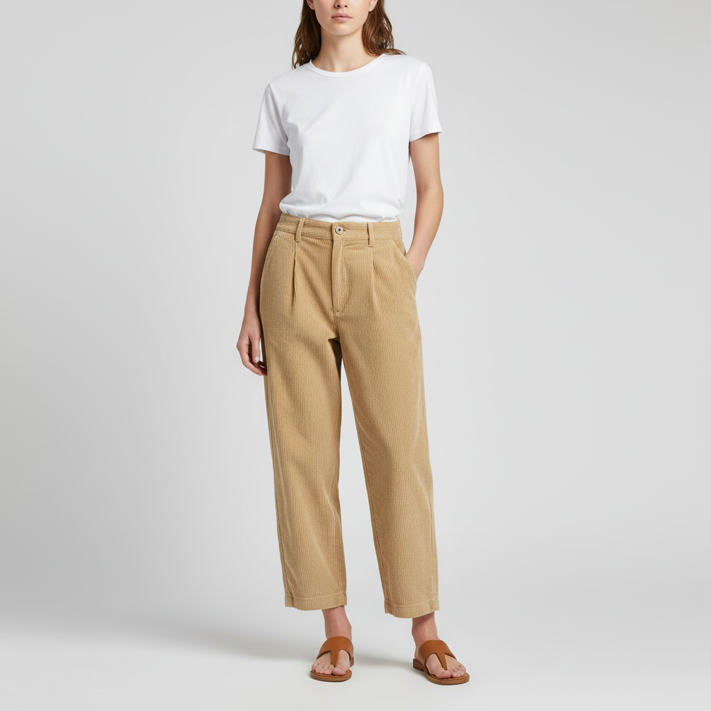 Casual women's straight leg corduroy pants in beige, offering comfort for winter wear.