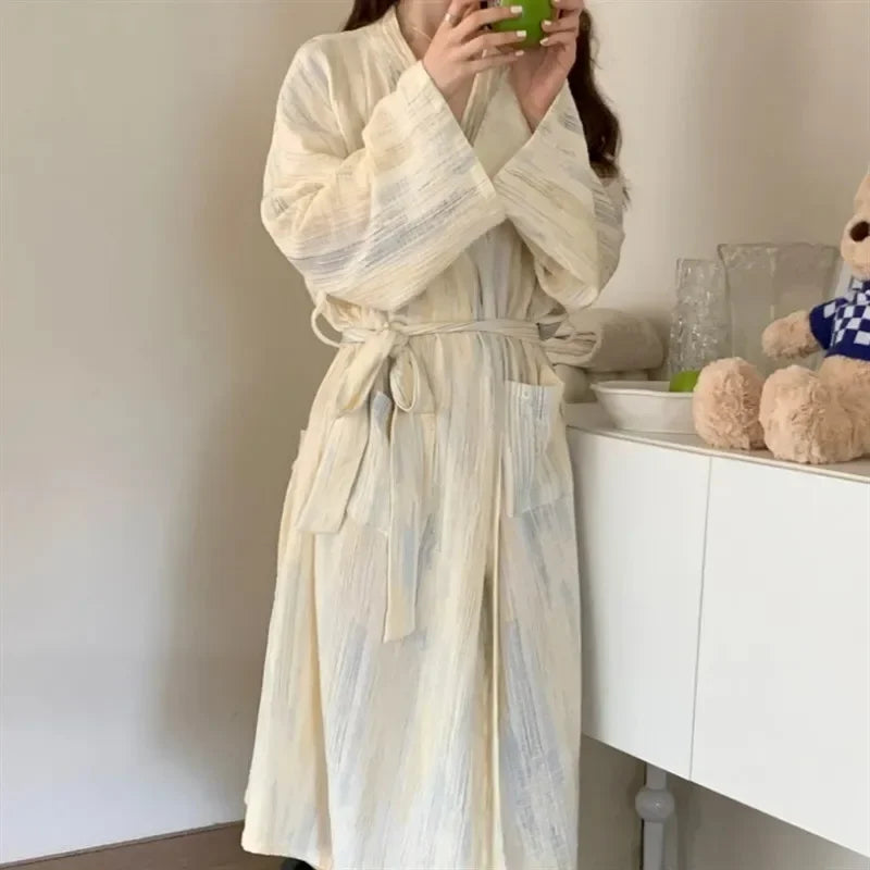 Women's beige lightweight kimono robe, perfect for summer loungewear or casual sleepwear.