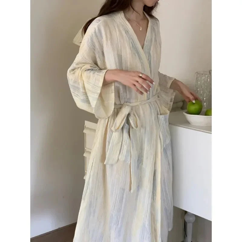 Lightweight women's summer kimono bathrobe in a casual beige design for relaxation.