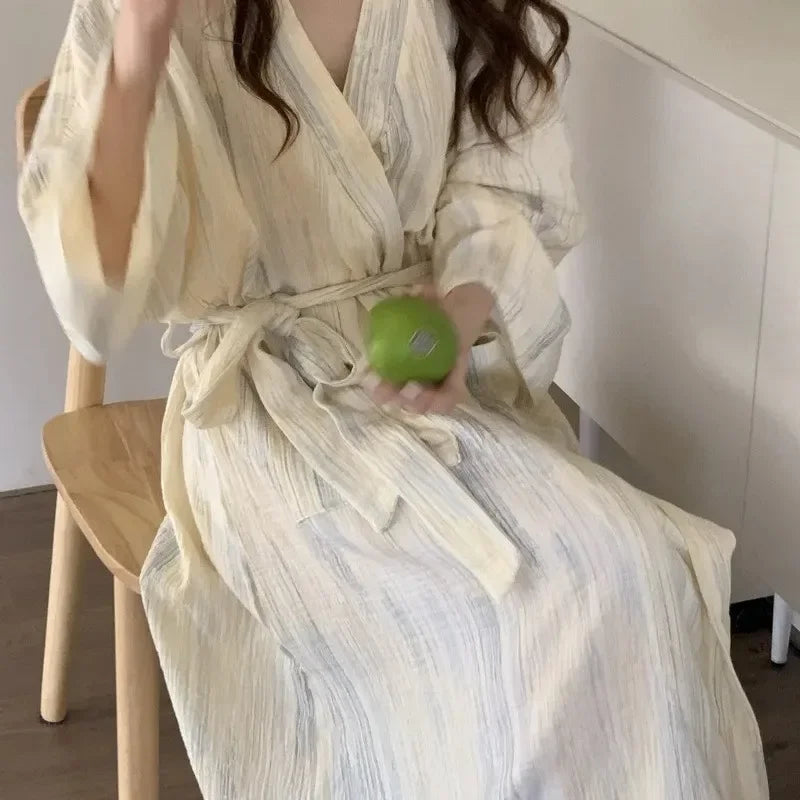 Casual women's beige kimono robe, ideal for summer sleepwear & comfortable loungewear.