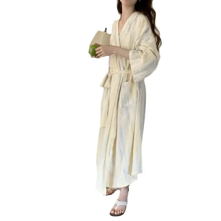 Soft beige women's kimono robe, perfect lightweight loungewear for summer mornings and casual comfort.