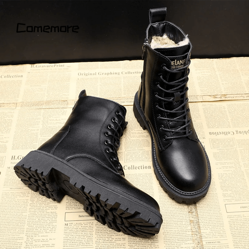 Women's Bella luxe black leather winter boots, cozy, warm, and non-slip for icy conditions. Stylish durable footwear.