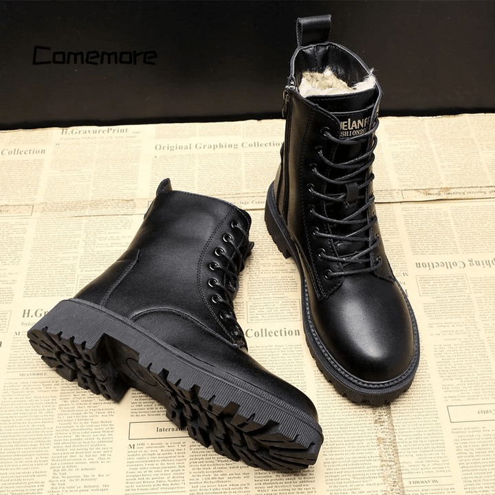 Women's Bella luxe black leather winter boots, cozy, warm, and non-slip for icy conditions. Stylish durable footwear.