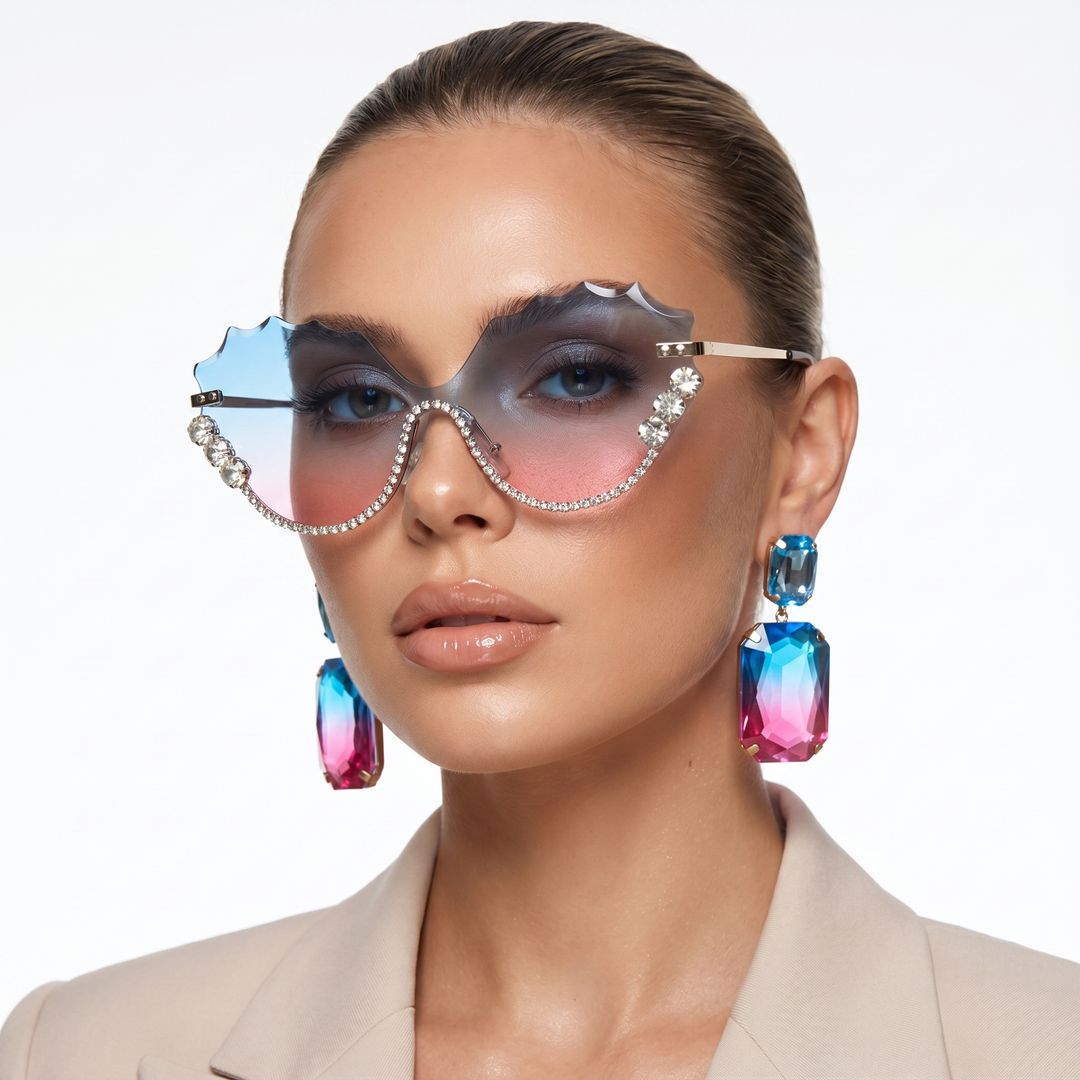 Fashionable women's oversized rimless sunglasses; Bellanova style, UV400 protected eyewear statement.