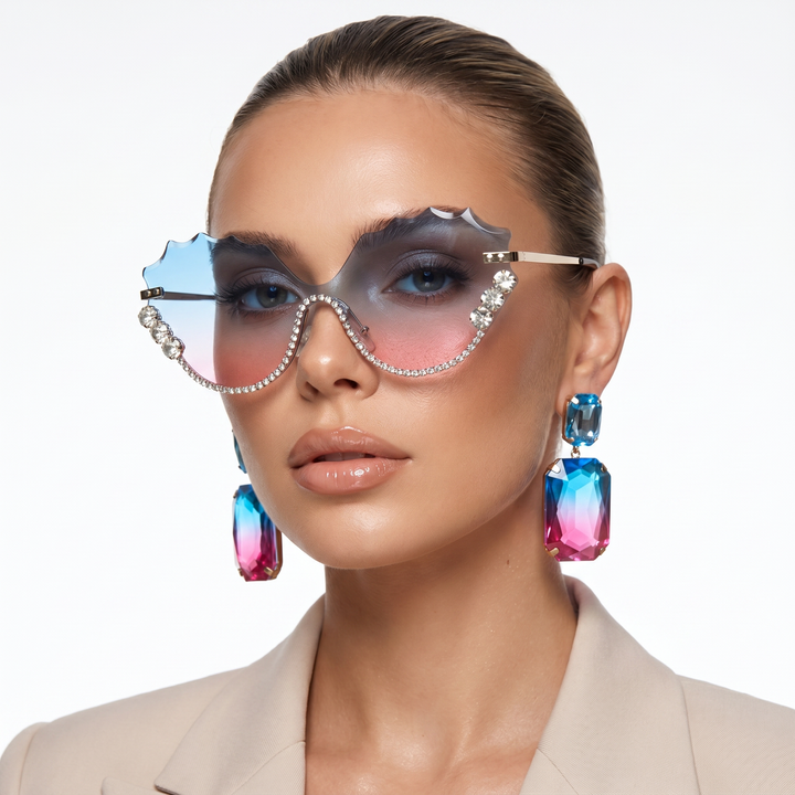 Fashionable women's oversized rimless sunglasses; Bellanova style, UV400 protected eyewear statement.