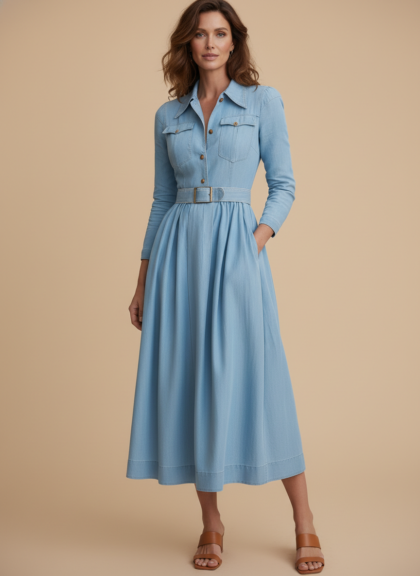 Women's belted long sleeve shirt midi dress, ideal for work, casual elegance, or day-to-night versatile styling.