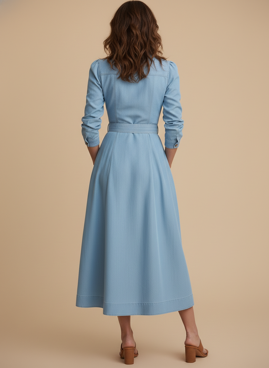 Elegant women's collared A-line midi shirt dress with long sleeves & tie belt. Perfect for office or stylish casual wear.