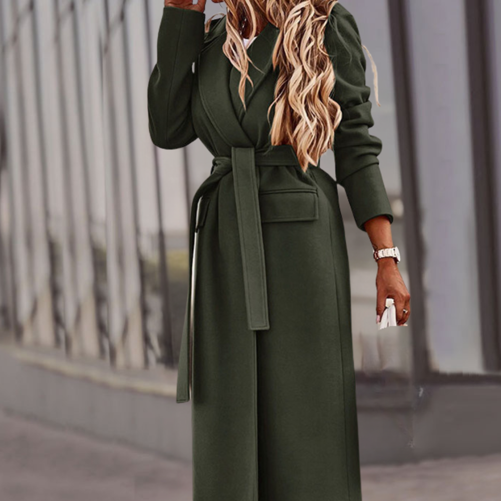 Women's belted maxi jacket, elegant and sophisticated outerwear for office wear or versatile casual fashion.