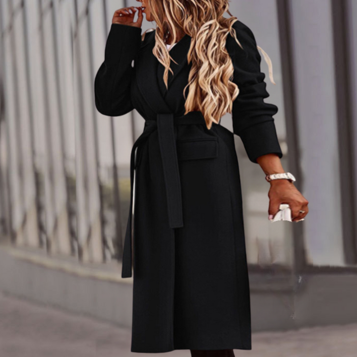 Elegant women's belted maxi jacket, perfect versatile outerwear for office, formal events, or casual fashion.