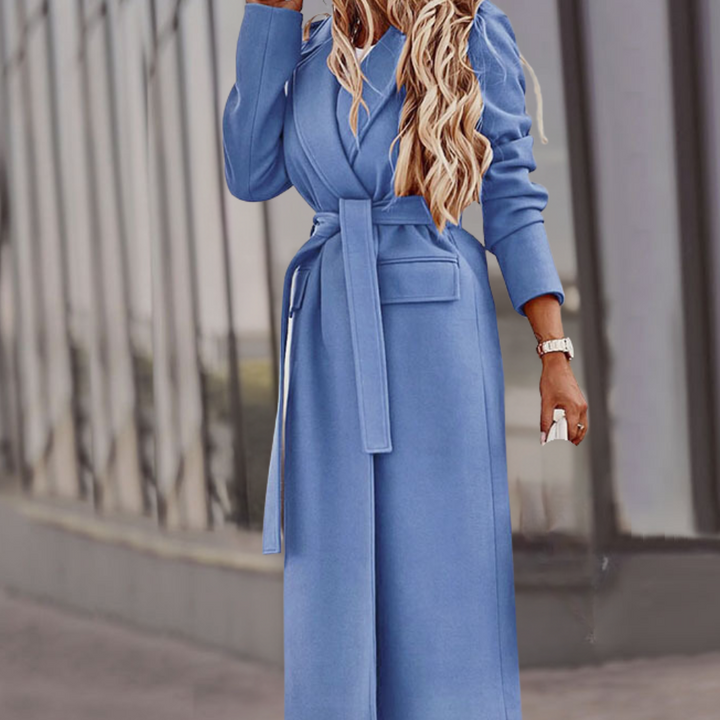Stylish women's long belted maxi jacket, a sophisticated coat for versatile wear and effortless elegance.