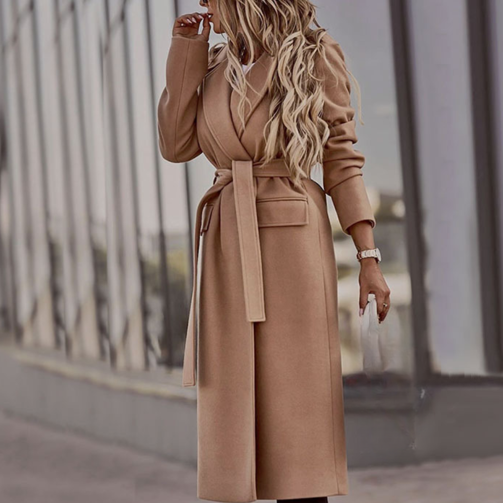 Sophisticated women's belted maxi jacket, ideal for elegant office wear, casual style, or formal occasions.