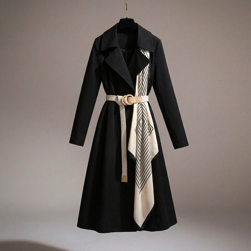 Women's belted trench coat with elegant scarf detail, lightweight for versatile formal or casual wear.