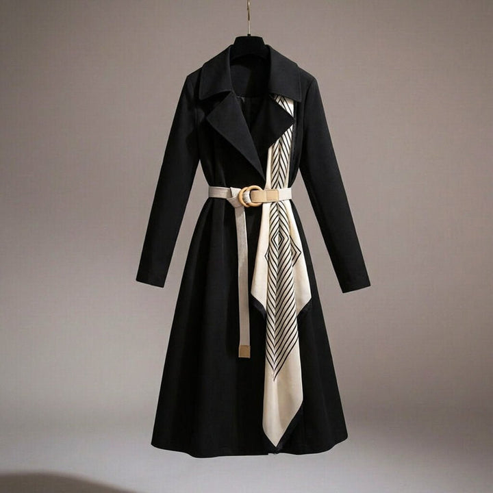 Women's belted trench coat with elegant scarf detail, lightweight for versatile formal or casual wear.