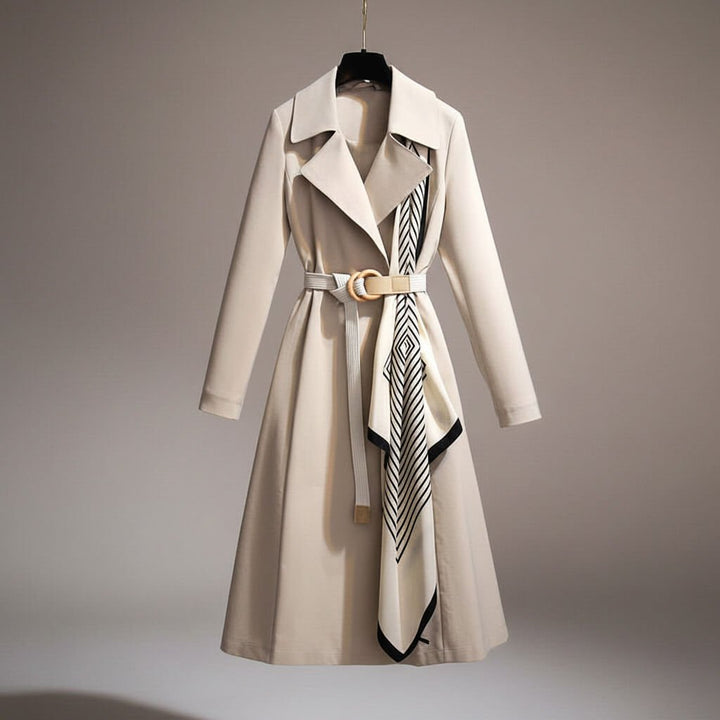 Chic women's long belted trench coat with flowing scarf, perfect elegant outerwear for fall, winter, or spring.