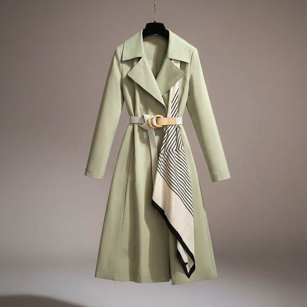 Versatile women's belted trench coat, lightweight with scarf detail, easily transitions from casual to formal outfits.