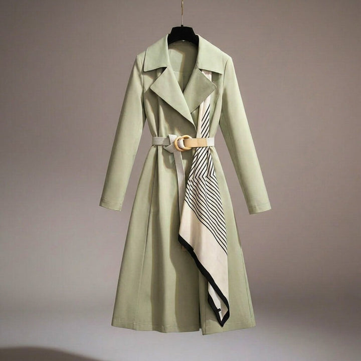 Versatile women's belted trench coat, lightweight with scarf detail, easily transitions from casual to formal outfits.