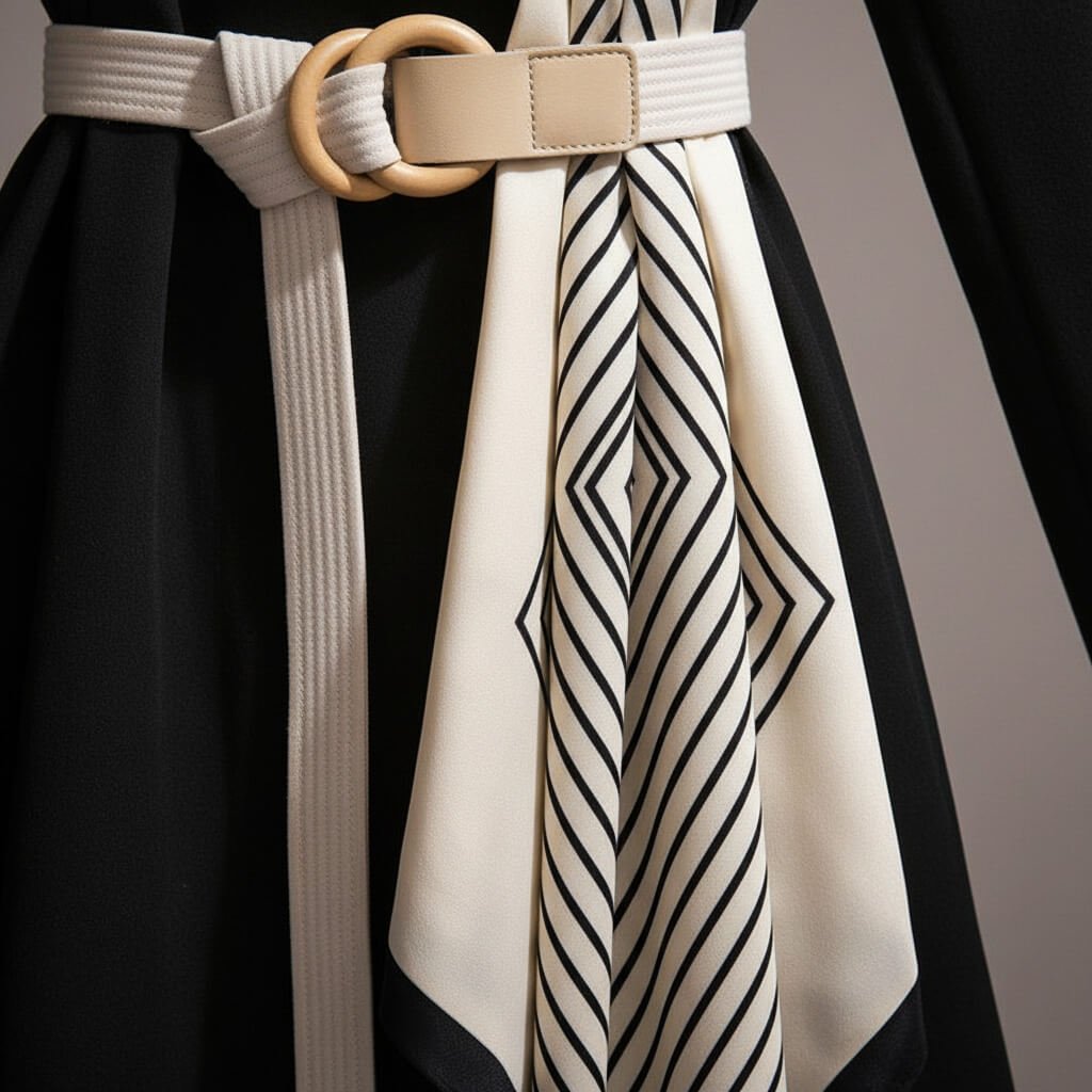 Lightweight women's trench coat with belted waist and scarf accent, ideal elegant outerwear for spring or fall fashion.